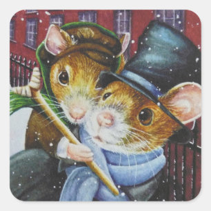 Dickens Christmas Carol Mice Watercolor Art Square Sticker