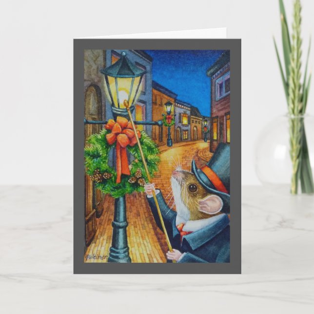 Dickens Christmas Lamplighter Mouse Watercolor Art Card (Front)