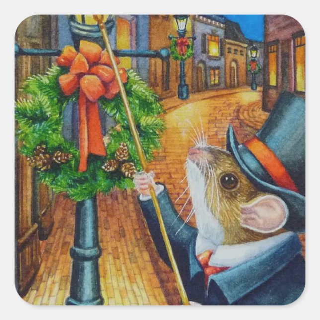 Dickens Christmas Lamplighter Mouse Watercolor Art Square Sticker (Front)