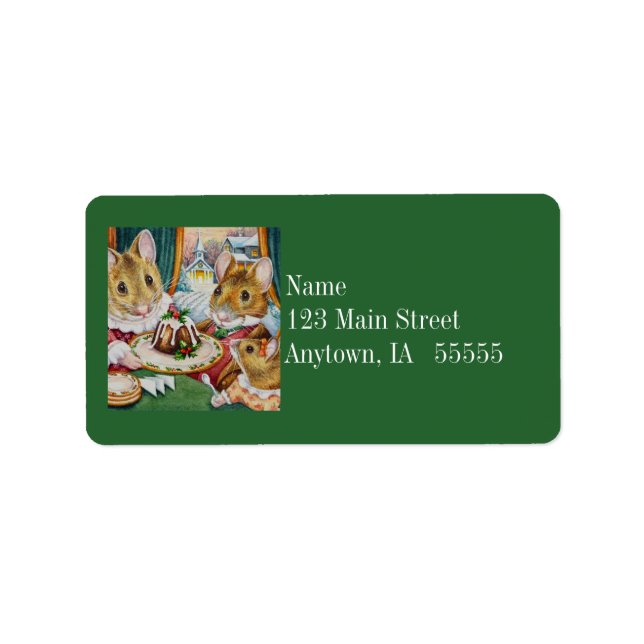 Dickens Christmas Mice Plum Pudding Watercolor Art Label (Front)