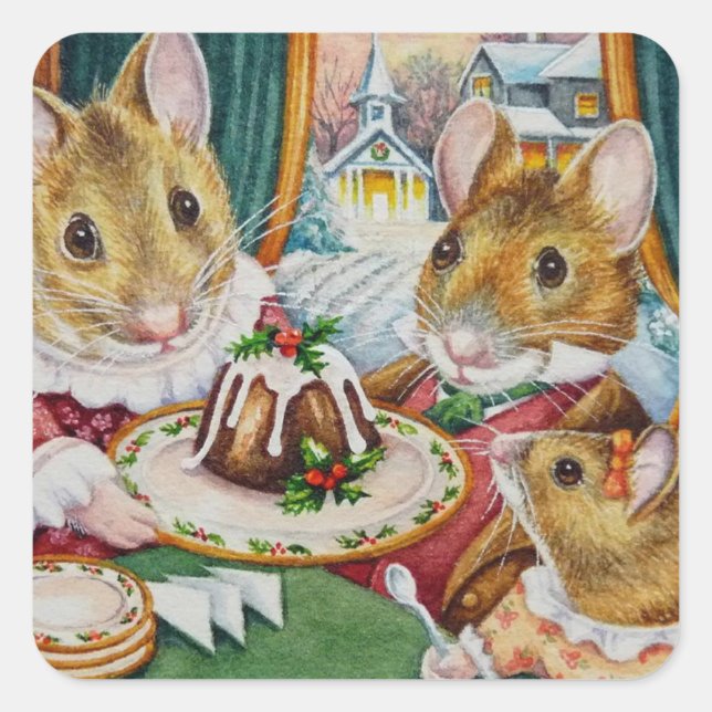 Dickens Christmas Mice Plum Pudding Watercolor Art Square Sticker (Front)