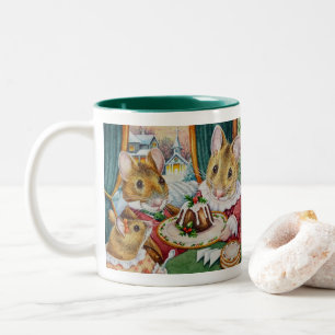 Dickens Christmas Mice Plum Pudding Watercolor Art Two-Tone Coffee Mug