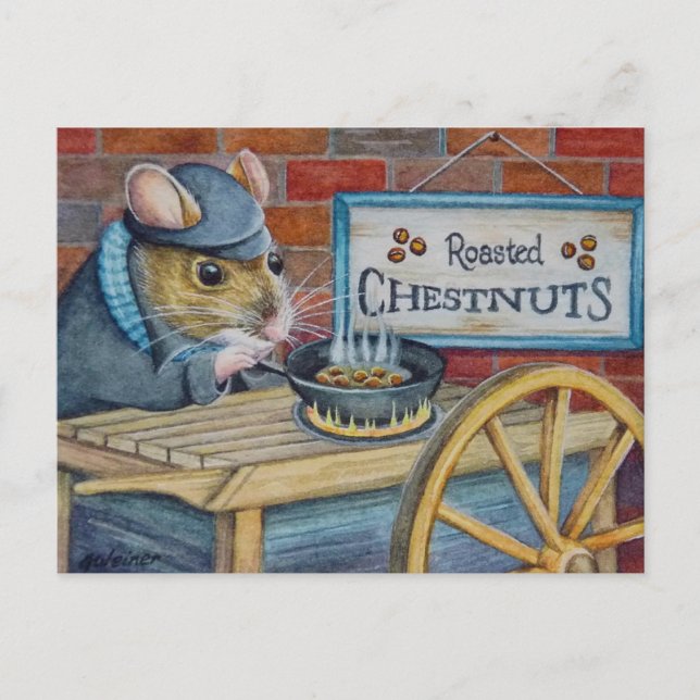 Dickens Christmas Mouse Roasting Chestnuts Art Postcard (Front)