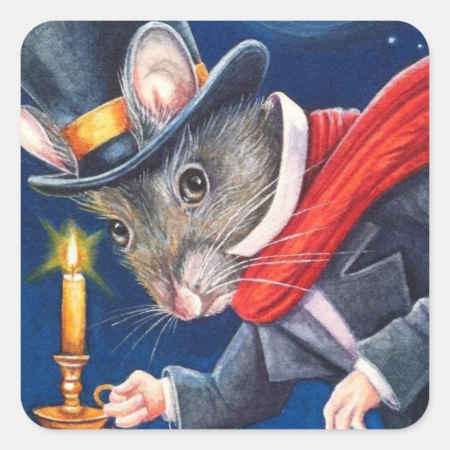Dickens Christmas Scrooge Mouse Watercolor Art Square Sticker (Front)