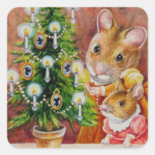 Dickens Christmas Tree Trimming Mouse Art Square Sticker