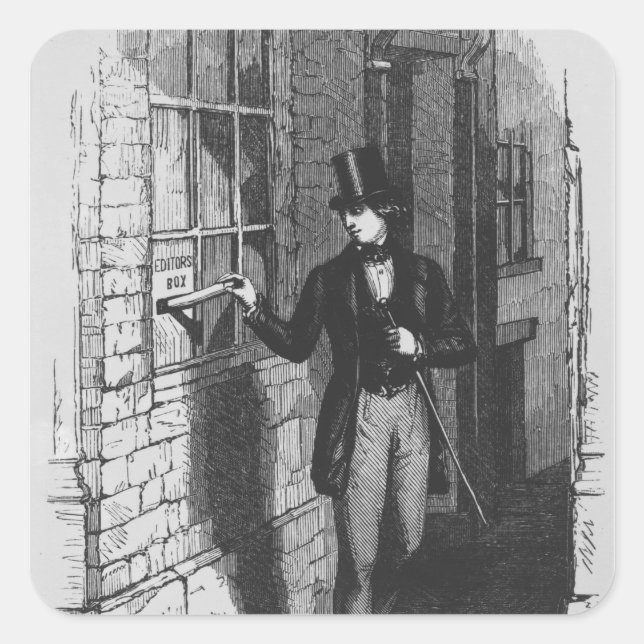 Dickens placing his first literary square sticker (Front)