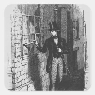 Dickens placing his first literary square sticker