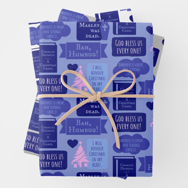 Dickens Scrooge A Christmas Carol Blue Bah Humbug Wrapping Paper Sheet (In situ)