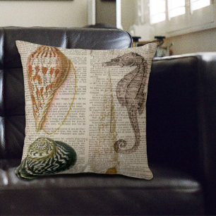 dictionary print french country vintage seashell cushion
