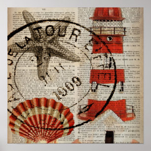 dictionary prints art coastal seashell lighthouse