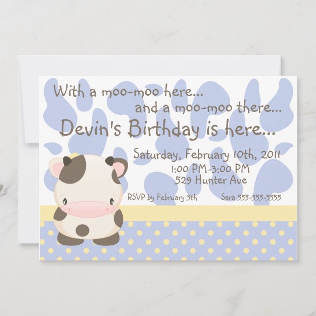 Diddles Farm Moo-Cow Blue Birthday Invitation (Front)