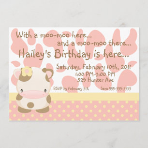 Diddles Farm Moo-Cow Pink Birthday Invitation