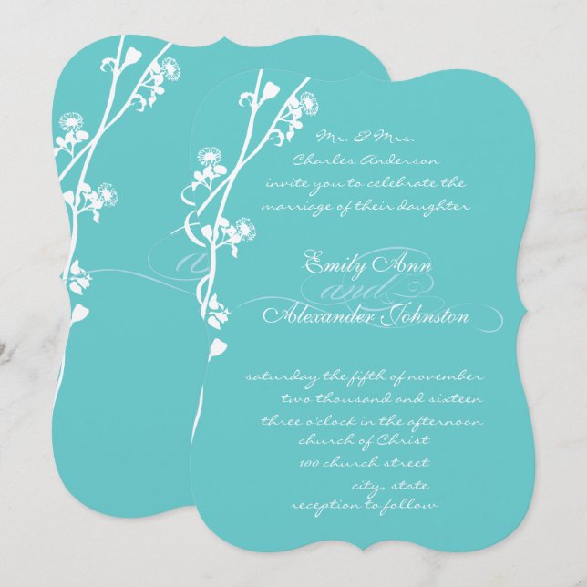 Die Cut Aqua Wild Flower Branch Wedding Invitation (Front/Back)