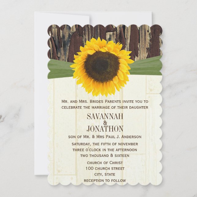Die Cut Barn Wood Sunflower Wedding Invitation (Front)