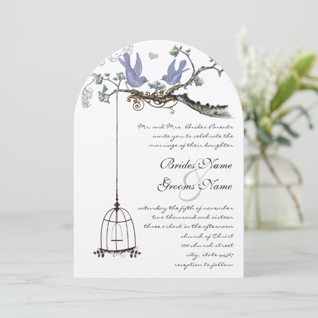 Die Cut Birds Yellow & Purple Blooms Wedding Invitation (Standing Front)