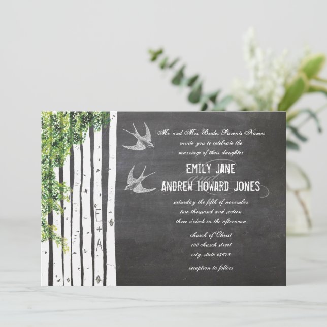 Die Cut Chalkboard Love Bird Birch Tree Wedding Invitation (Standing Front)