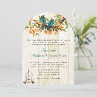 Die Cut Coral and Mint Vintage Love Birds Invitation