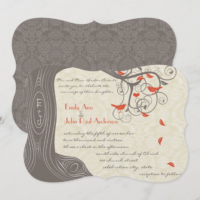 Die Cut Coral Tree Birds Wedding Invitations (Front/Back)