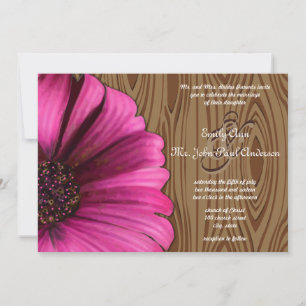Die Cut Fuchsia Gerber Daisy Wood Grain Wedding Invitation
