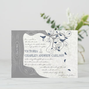 Die Cut Grey Navy Love Bird Wedding Invitations