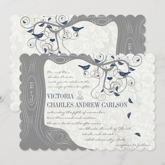 Die Cut Grey Navy Love Bird Wedding Invitations (Front/Back)