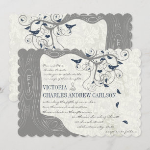 Die Cut Grey Navy Love Bird Wedding Invitations
