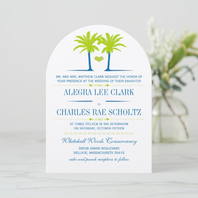 Die Cut Lime Royal Blue Beach Typography Invite (Standing Front)