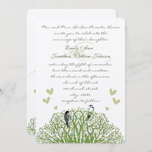 Die Cut Love Bird Green Tree Wedding Invitation (Front/Back)