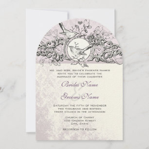 Die Cut Love Bird Lavender Scroll  Wedding Invitation