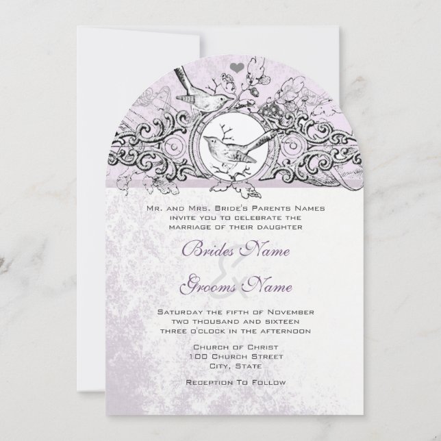 Die Cut Love Bird Lavender Scroll  Wedding Invitation (Back)