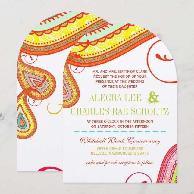 Die Cut Modern Yellow Orange Aqua Mint Wedding Invitation (Front/Back)