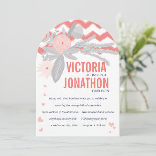 Die Cut Peachy Pink Grey Navy Floral Fauna Wedding Invitation