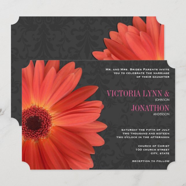 Die Cut Pink Orange Gerber Daisy Wedding Invitation (Front/Back)