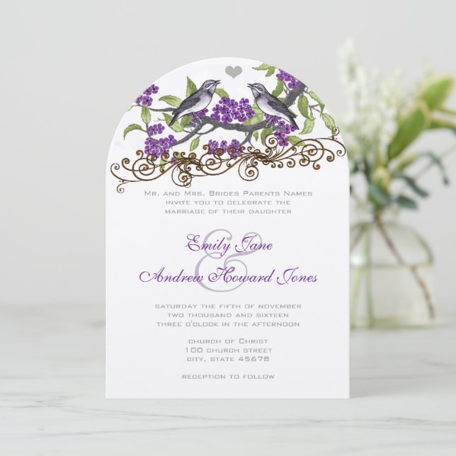 Die Cut Purple Grey Love Birds Wedding Invite (Standing Front)