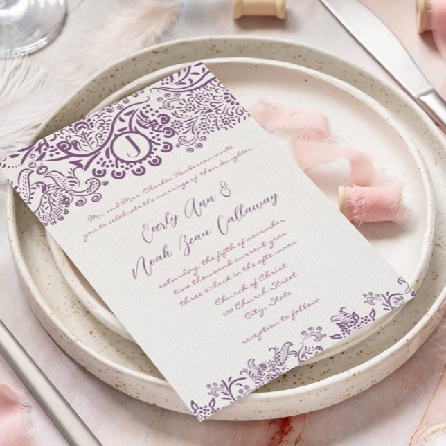 Die Cut Purple Love Birds Damask Monogram Weddings Invitation (Creator Uploaded)