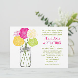 Die Cut Ranunculus Rose Lime Pink Yellow Mason Jar Invitation