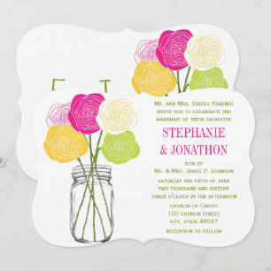 Die Cut Ranunculus Rose Lime Pink Yellow Mason Jar Invitation