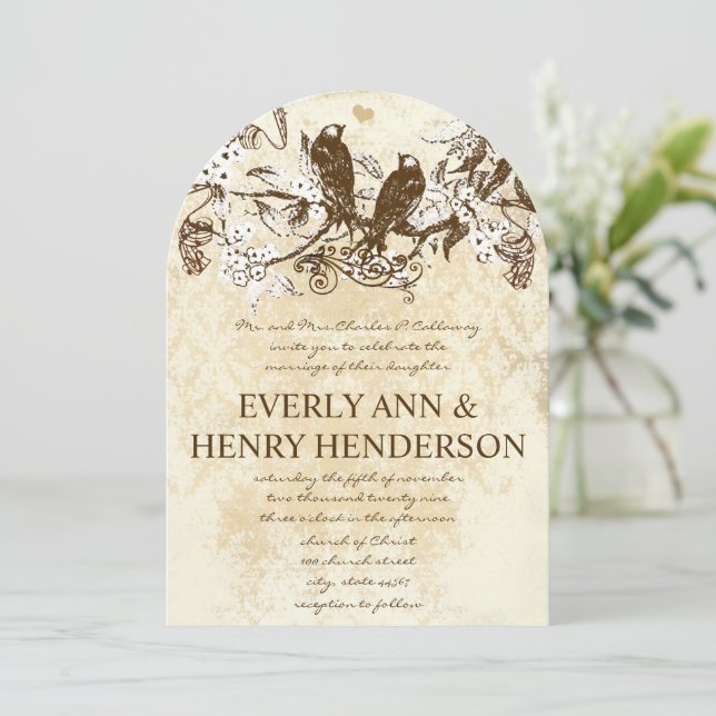 Die Cut Rustic Cherry Blossom Love Birds Wedding Invitation (Standing Front)