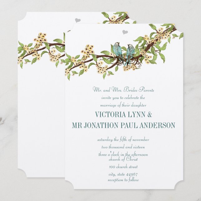 Die Cut Yellow Teal Aqua Blue Bird Wedding Invites (Front/Back)