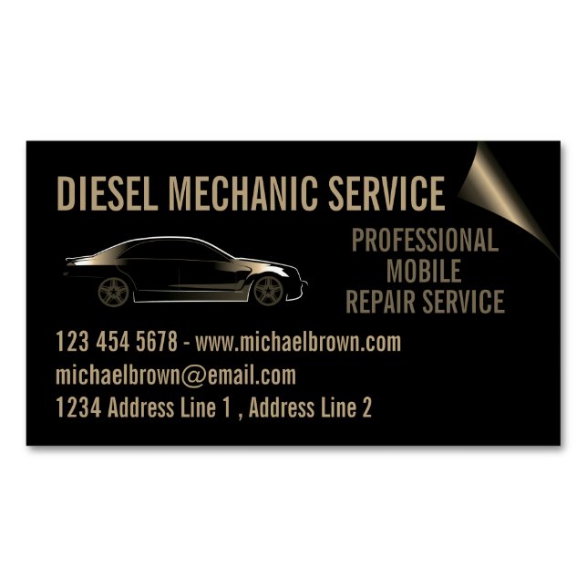 Diesel Mechanic Automotive Repair gold Magnetic Business Card (Front)