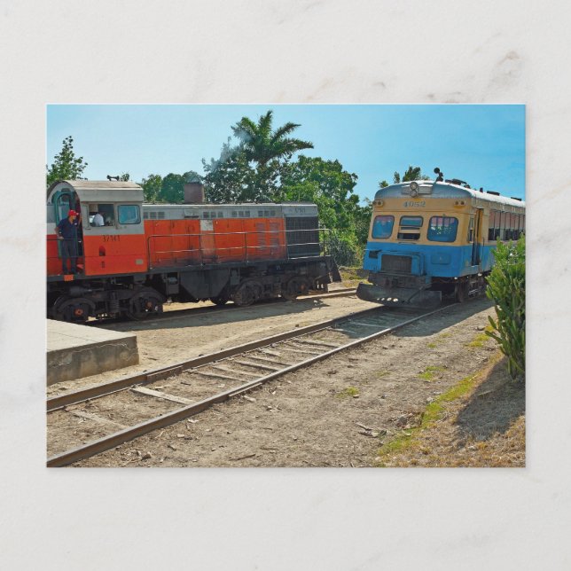 Diesellocomotive and railcar meeting postcard (Front)