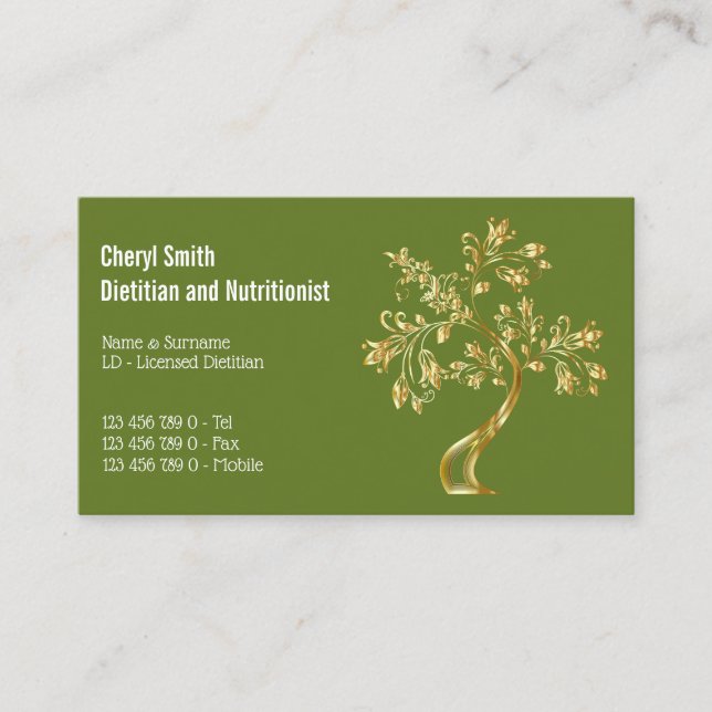Dietician gold green tree of life elegant chic business card (Front)