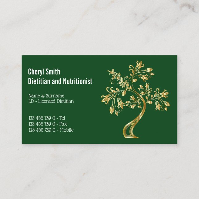 Dietician tree of life faux gold green business card (Front)