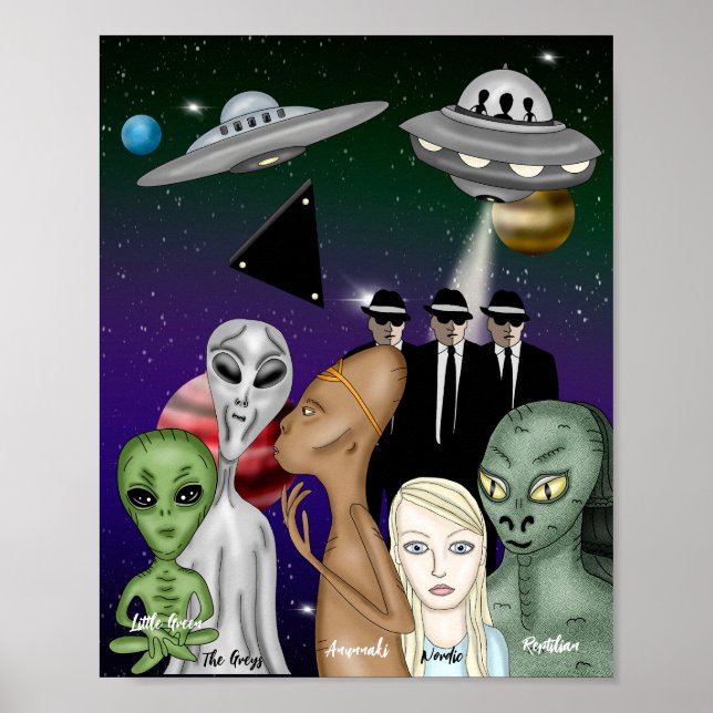 Different Alien Species, UFO, Planets Poster (Front)