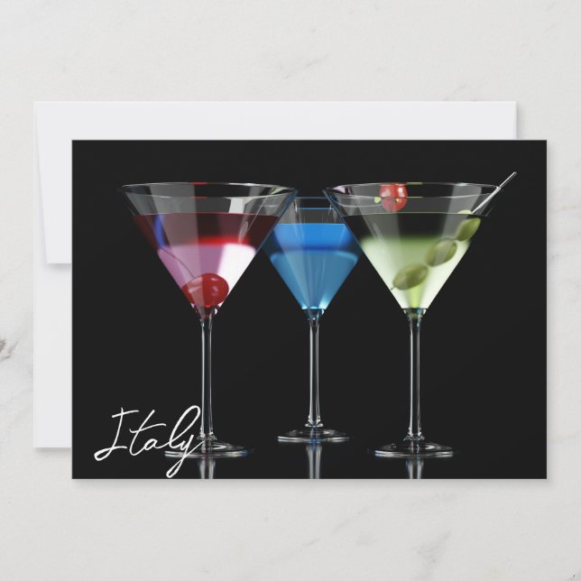 Different cocktails in martini glasses on black (Front)