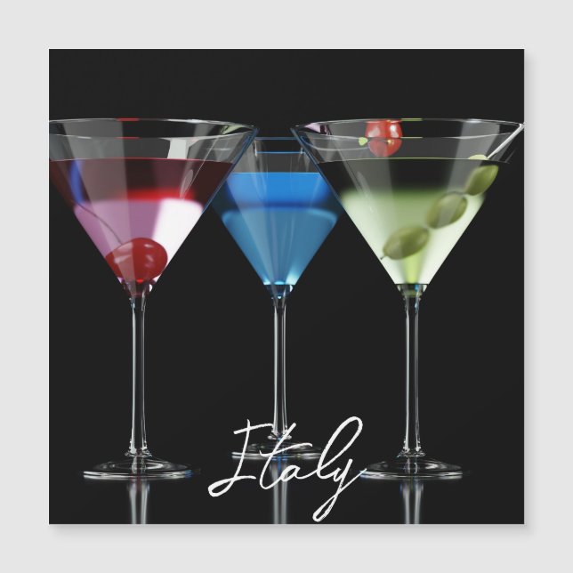 Different cocktails in martini glasses on black (Front)
