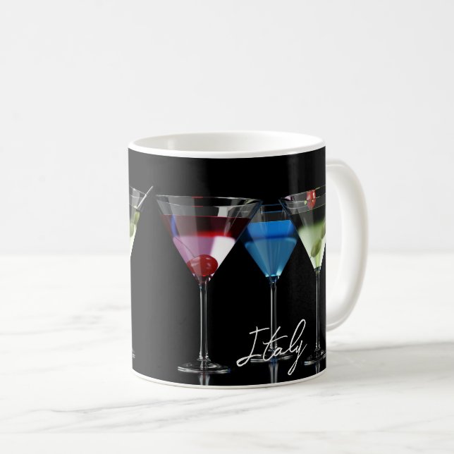 Different cocktails in martini glasses on black coffee mug (Front Right)
