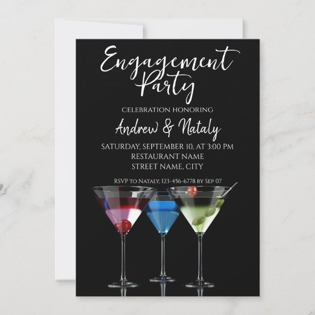 Different cocktails in martini glasses on black invitation (Front)