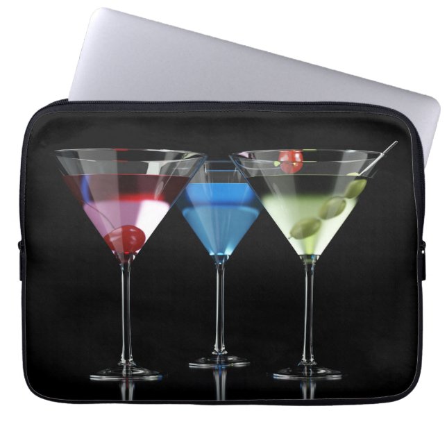 Different cocktails in martini glasses on black laptop sleeve (Front)
