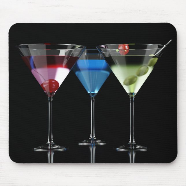Different cocktails in martini glasses on black mouse mat (Front)